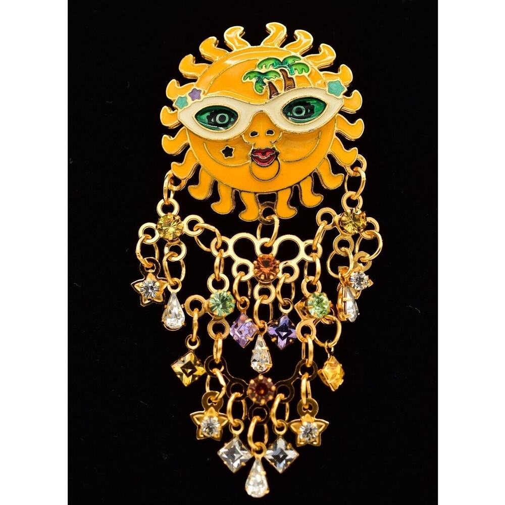 Lunch At The Ritz Vintage Sun Pin Brooch Pendant Summer Crystal Signed BinAJ